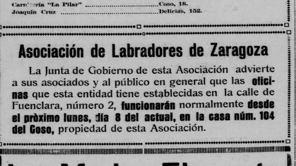 Anuncio en 'El Noticiero' sobre el nuevo edificio de la Asociación de Labradores de Zaragoza.