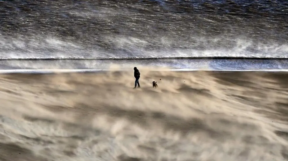 Una persona pasea a un perro en una ventosa playa de Tynemouth en la costa noreste de Inglaterra.