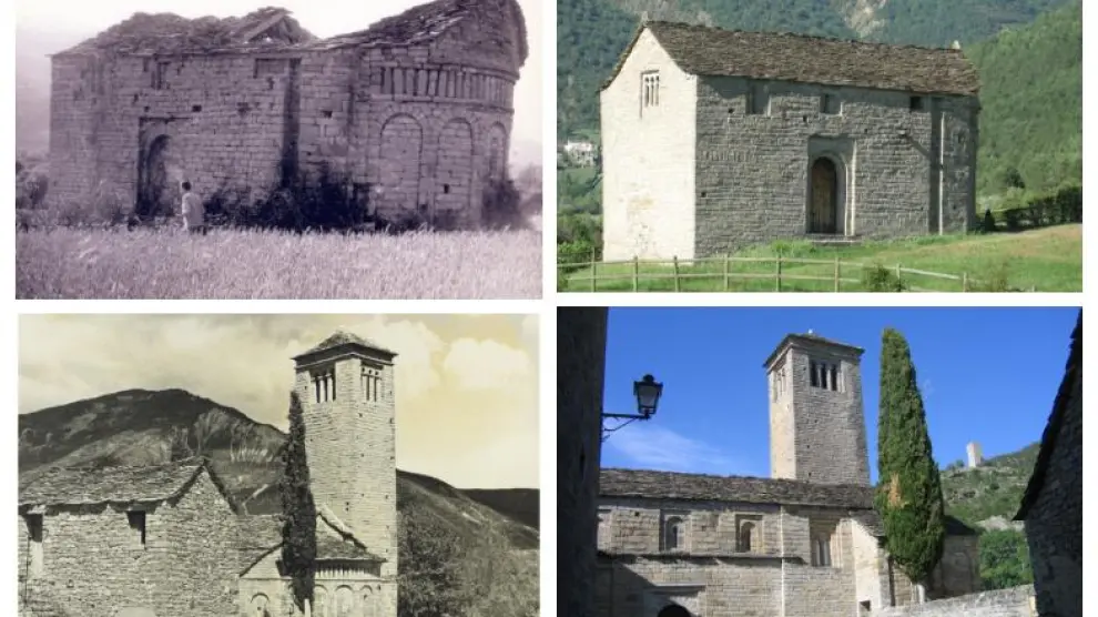 Aspecto que presentaban antes y después de su restauración las iglesias de San Juan de Busa (arriba) y Lárrede.