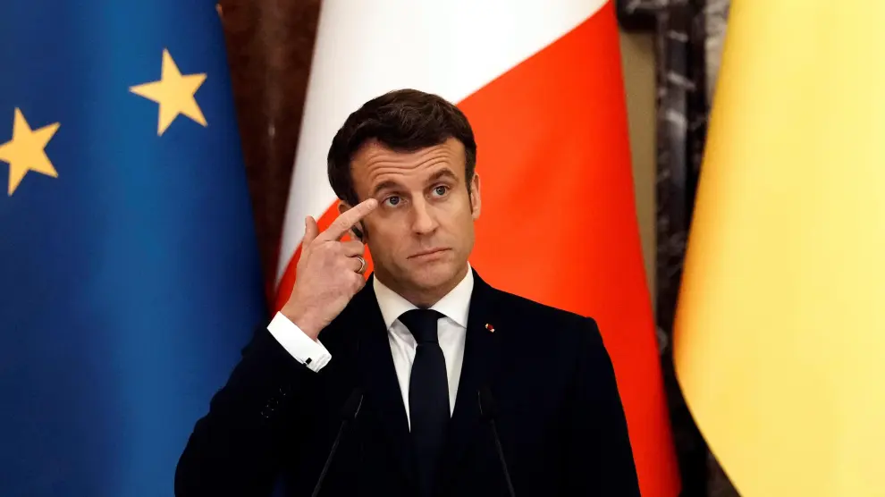 Emmanuel Macron, el presidente francés, en la rueda de prensa conjunto con Zelenski, su homólogo ucraniano