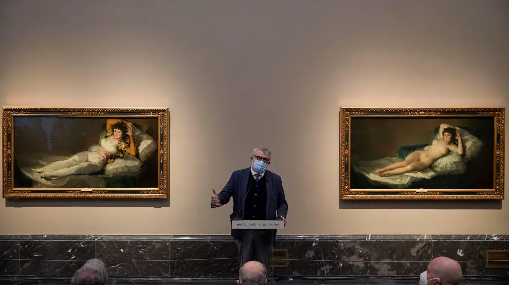 El director del Museo del Prado, Miguel Falomir, da un discurso durante la presentación del nuevo diseño de las salas dedicadas a Goya.