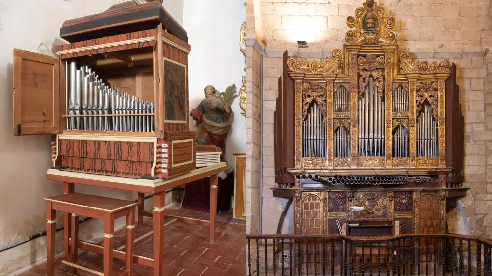 A la izquierda, órgano de Arándiga, construido por el zaragozano Miguel Usarralde en 1820. A la derecha, el de la iglesia de San Pedro el viejo de Huesca, del siglo XVIII y de autor desconocido (escuela de Lerín o Éibar).