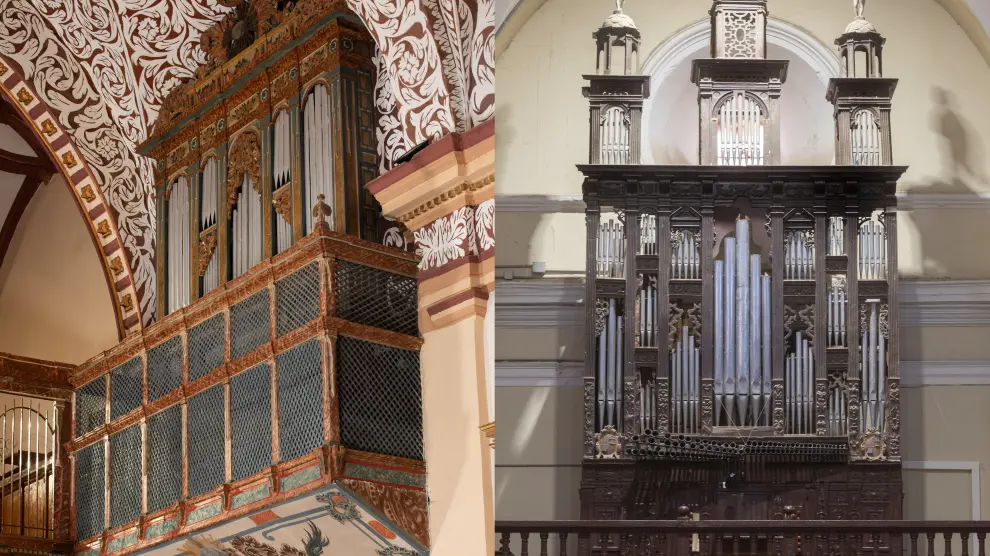 A la izquierda, órgano de Báguena, construido por Silvestre Tomás, de Zaragoza, y que tiene una caja barroca de los siglos XVII-XVIII. A la derecha, órgano de Almudévar, de autor desconocido y caja de Juan de Berroeta, de 1594, que proviene de la catedral de Huesca.