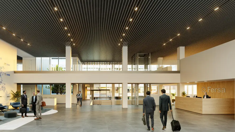 Recración del 'hall' del nuevo edificio de Fersa en Plaza, diseñado por Ingennus.