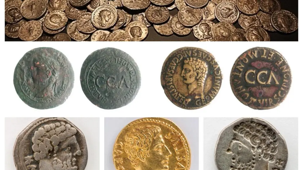 Arriba un conjunto de monedas romanas. Sobre estas líneas, algunas de las más singulares halladas en Zaragoza desde 1985.