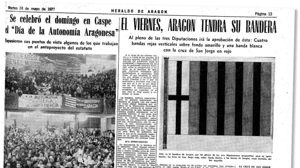 En mayo de 1977 se celebró en Caspe el día de la Autonomía Aragonesa. Se expusieron ideas para el anteproyecto del Estatuto e incluso se empezó a decidir cómo sería la bandera autonómica.
