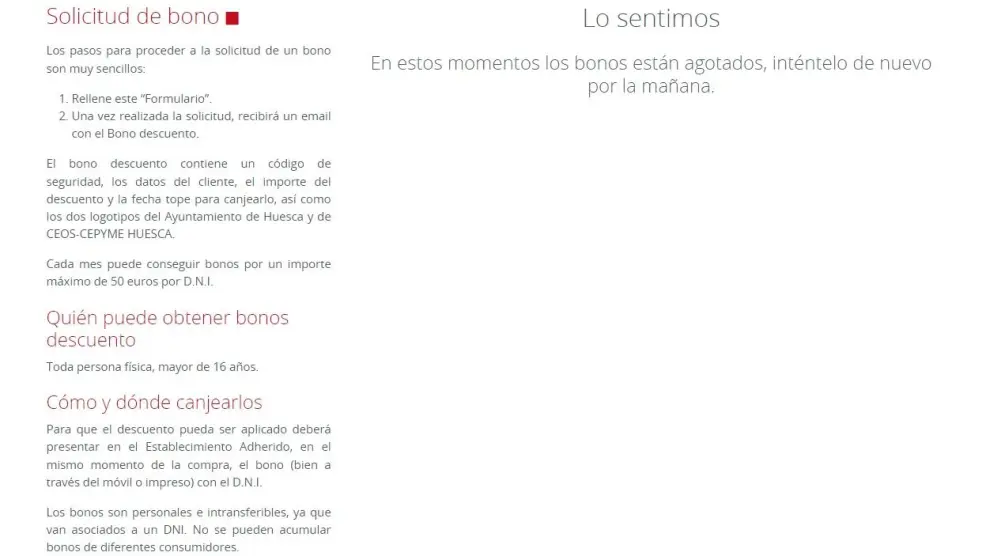 La página web de los Bonos Impulsa Huesca ha agotado esta nueva tanda en menos de dos minutos.