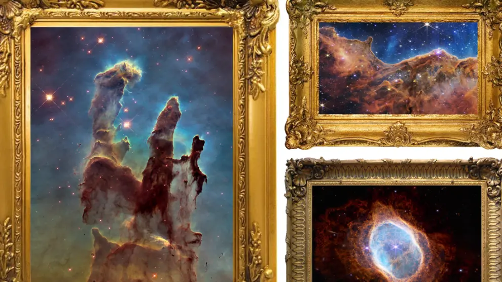 Imágenes astronómicas representadas como obras de arte. Izquierda: “Los Pilares de la Creación” (telescopio Hubble). Derecha, arriba: Nebulosa Carina (telescopio Webb); abajo: Nebulosa del Anillo (Webb).