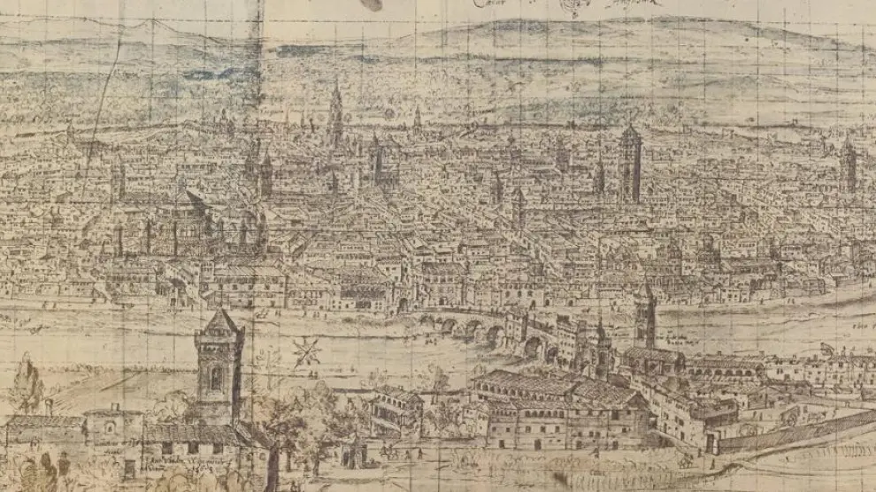 Detalle de la ‘Vista de Zaragoza’ de Anton van den Wyngaerde que se conserva en la Biblioteca Nacional de Austria.