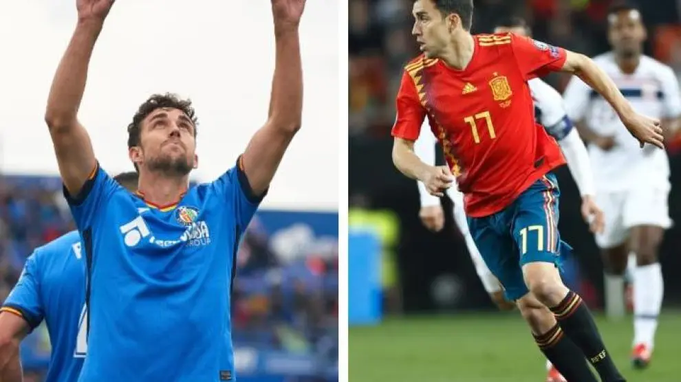 Jorge Mata, a la izda. celebrando un gol con el Getafe; y a la derecha en su debut con la selección de España ante Noruega en marzo de 2019.