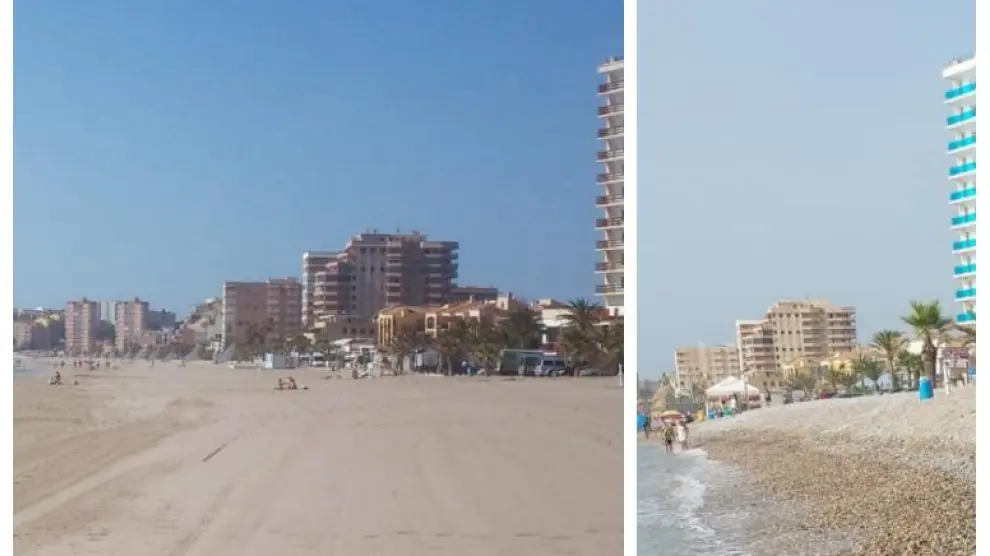 La playa de Morro de Gos, en Oropesa de Mar, en 2015 (izquierda) y 2022