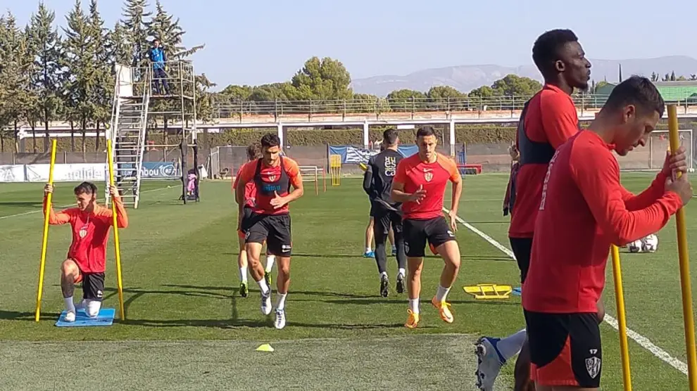 Rubén Pulido, junto a Florian Miguel, en el entrenamiento de este martes.