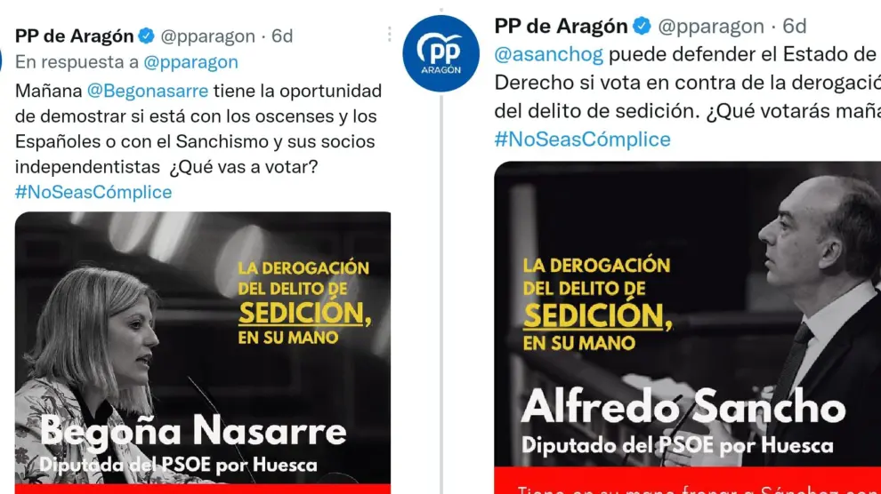 Mensajes del PP contra los dos diputados nacionales del PSOE por Huesca.