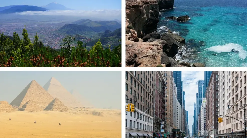 Arriba, a la izquierda, una imagen de Tenerife, con el Teide de fondo, y una cala de Mallorca. Abajo, a la izquierda, Egito y una calle de Nueva York