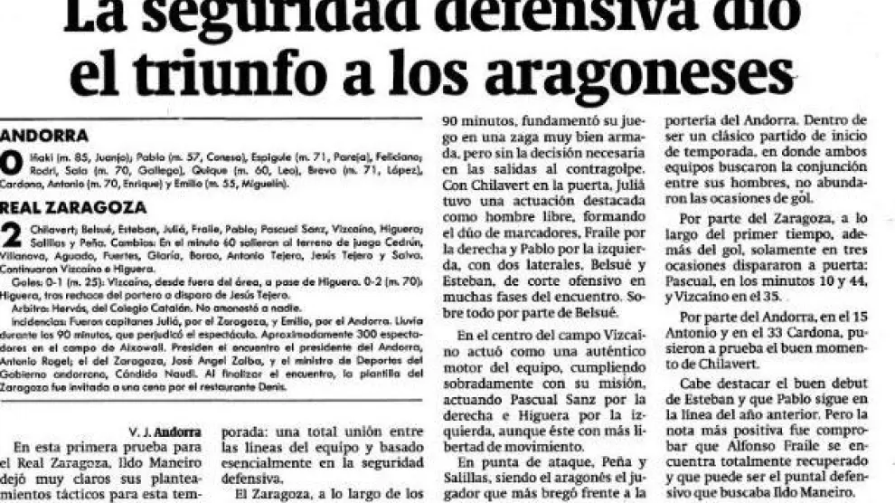 Crónica de Heraldo de Aragón del partido Andorra-Real Zaragoza de julio de 1990, el único precedente histórico hasta ahora.