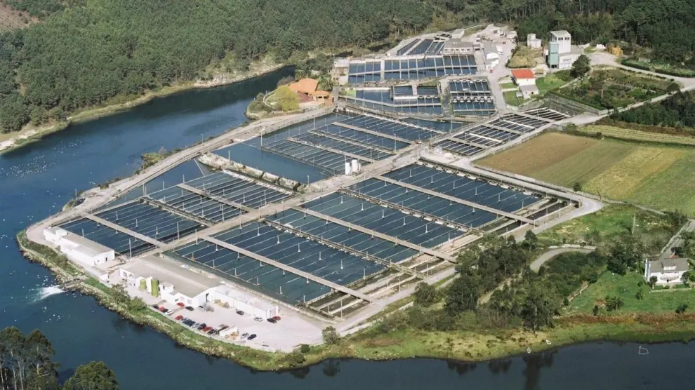 Imagen aérea de la piscifactoría de Lires, ahora propiedad de Caviar Pirinea, situada en Lires (Galicia), la más grande de España.