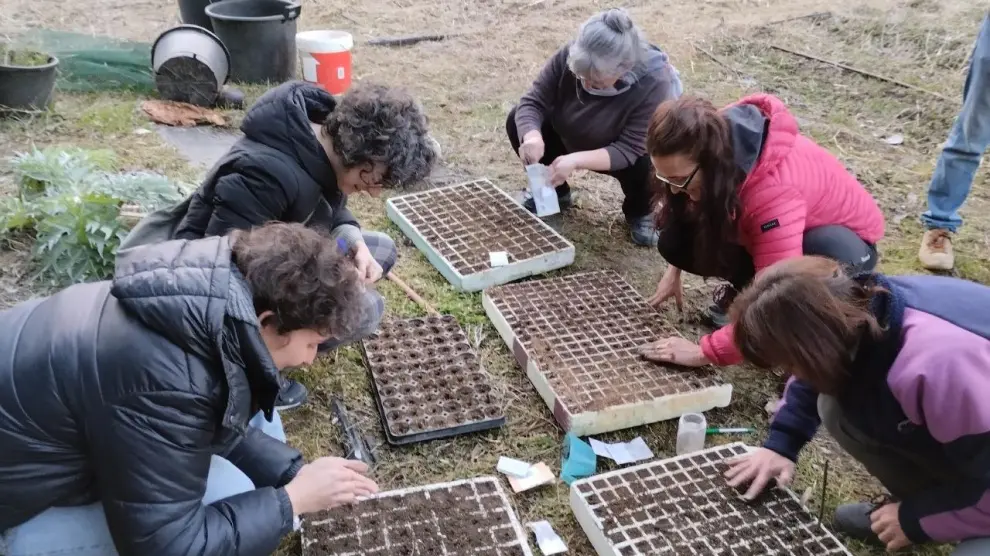 Un grupo de miembros del proyecto Guardianes de la Biodiversidad realiza la siembra de variedades hortícolas tradicionales.