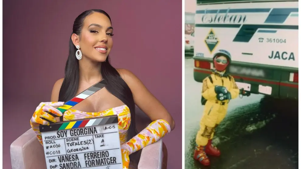 Georgina Rodríguez promocionando la segunda temporada de su docuserie y, a la derecha, una imagen de niña con ropa de esquí en Jaca.