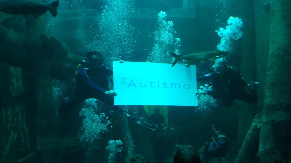 Inmersión en el tanque central del acuario de Zaragoza con el agua teñida de azul y los buzos con el símbolo de a·Autismo.