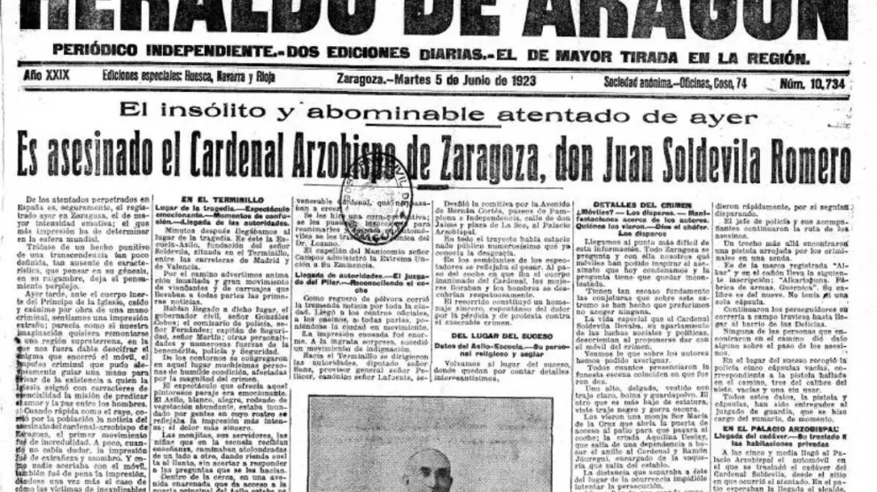 Noticia del asesinato del cardenal Soldevila publicada en HERALDO el 5 de junio de 1923.