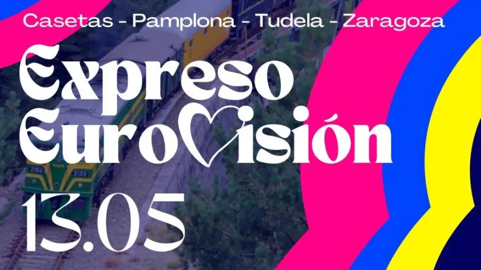 Anuncio del Expreso Eurovisión para el próximo 13 de mayo en tre la estación Delicias y Pamplona.