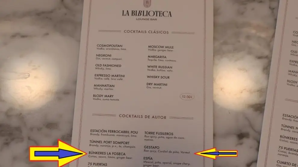 Lista de los coktails que ofrece el bar de La Bibliioteca del Royal Hideaway Hotel de Canfranc.