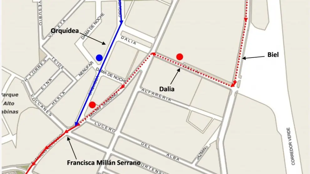 Mapa de la modificación del recorrido de las líneas de bus urbano 24, 36 y N3 en sentido entrada a Valdefierro