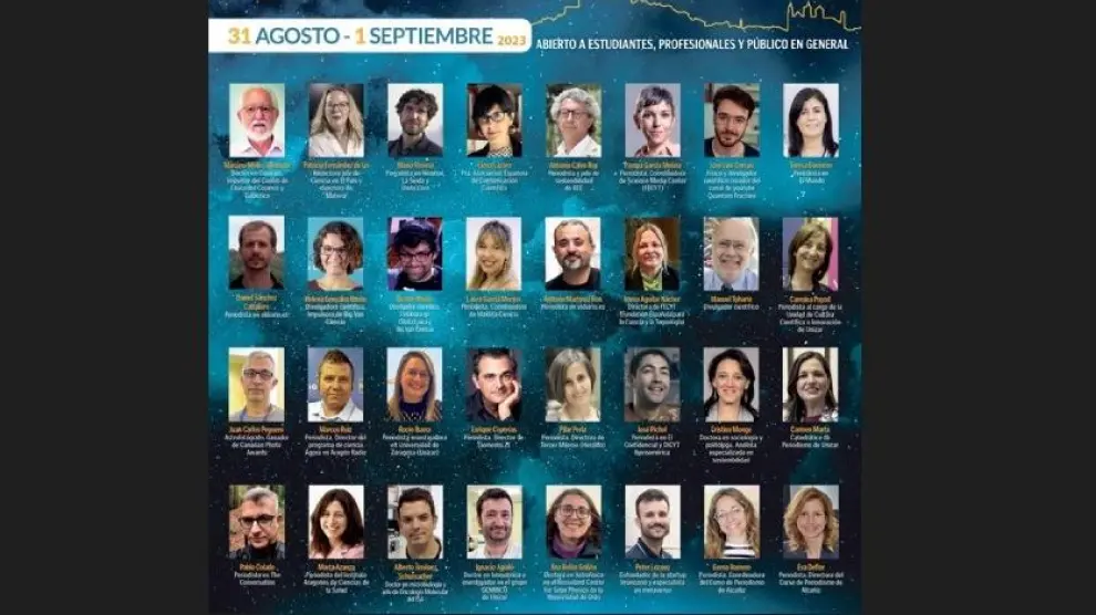 Cartel con todos los ponentes del V Curso de Periodismo Especializado de Alcañiz, ‘Comunicación y ciencia. Los divulgadores esenciales’.