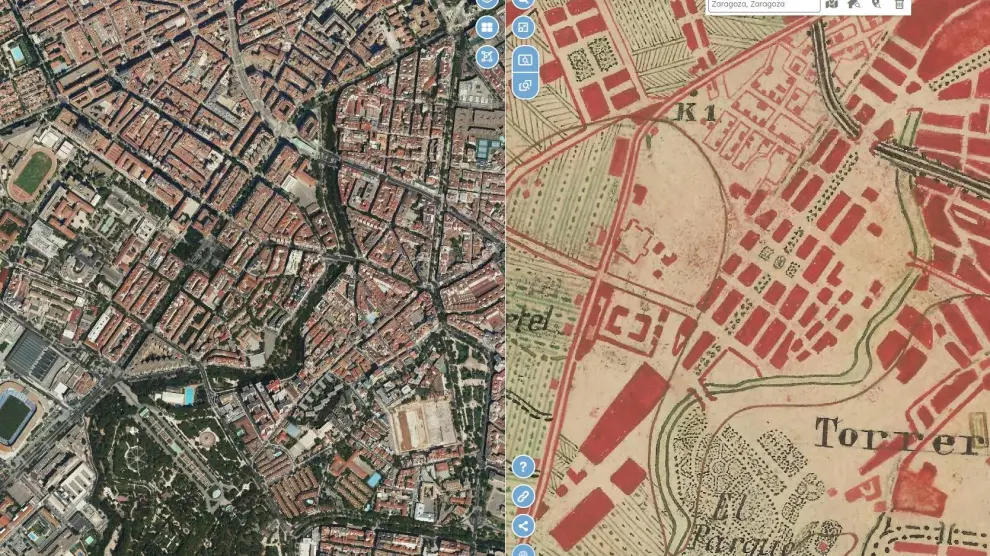 Comparativa de la zona: edificación en la actualidad y antiguos planos de finales del XIX.