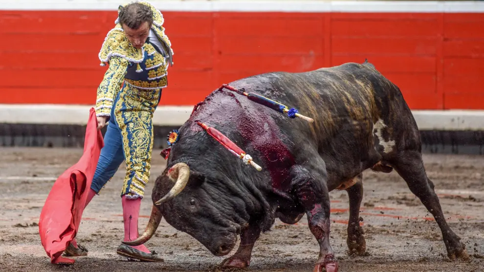 El torero Damián Castaño con el primero de los de su lote, durante la corrida de la Feria de Bilbao celebrada este domingo