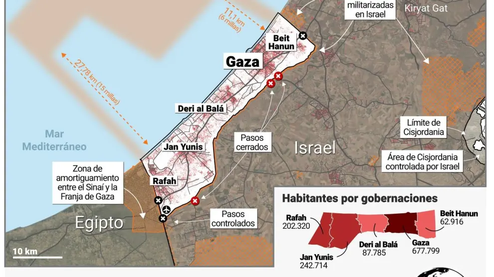 Mapa de la Franja de Gaza, territorio palestino de Oriente Próximo junto a la frontera de Israel con Egipto, que desde el 7 de octubre de 2023 es foco de la guerra entre Israel y Hamás...11 OCTUBRE 2023..Europa Press..11/10/2023[[[EP]]]