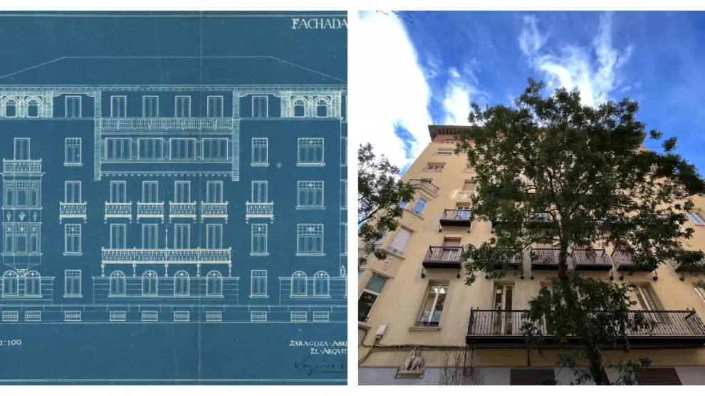 A la izquierda, un plano de la fachada lateral de un edificio de viviendas del paseo de Pamplona, 11. A la derecha, este mismo inmueble 100 años después.