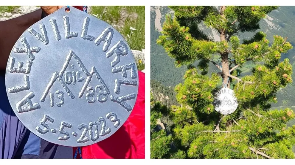 La placa de recuerdo a Álex Villar colocada en el mismo lugar desde donde hizo su último y fatídico salto base en Punta Calva, en el valle de Chistau.