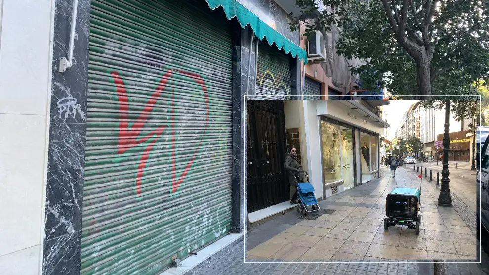 El local de Goggo en Zaragoza, junto al número 2 de la calle de Coimbra, ayer, con la persiana bajada