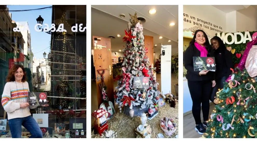Árboles de Navidad premiados en Huesca (La Casa del Pintor, Osca Hermanos Justo Cerrajeros y Moda Re).