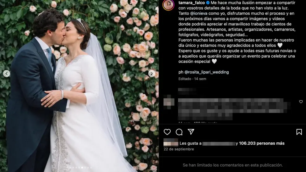Tamara Falcó e Íñigo Onieva, en una publicación de Instagram el día de su boda.