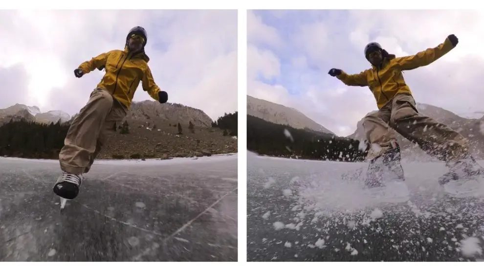 El fotógrafo y videógrafo oscense Guillermo Acín, patinando sobre el hielo del ibón de Plan.