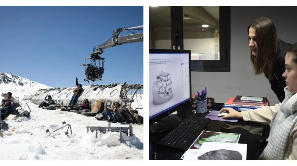 Imagen del rodaje de 'La sociedad de la nieve' y a la derecha, Irene Luzán (de pie) observa la digitalización 3D de la cabina de pilotaje que Tecmolde y Shu Digital fabricaron en poliespán para la película de J. A. Bayona.