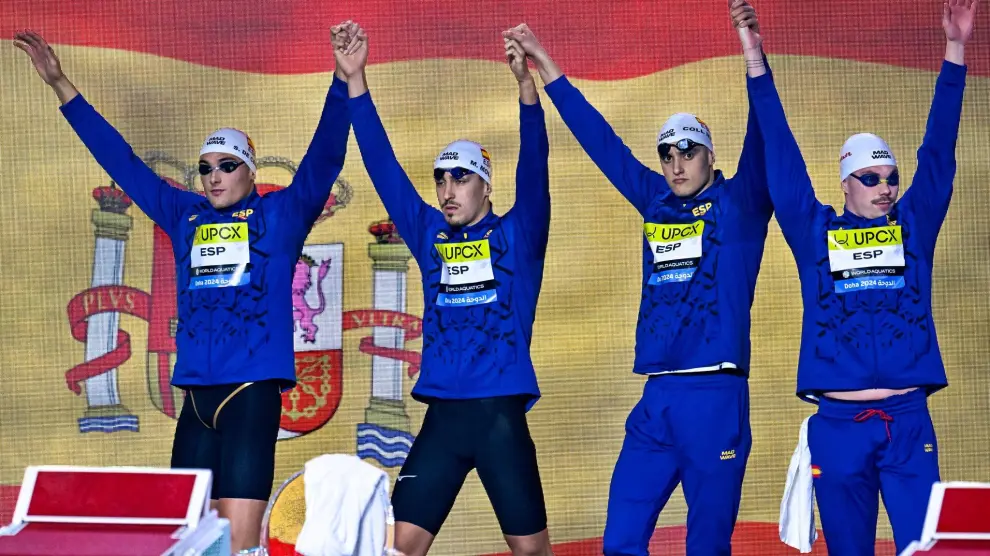 El cuarteto aragonés del relevo 4x100 libre en el Mundial de Doha.