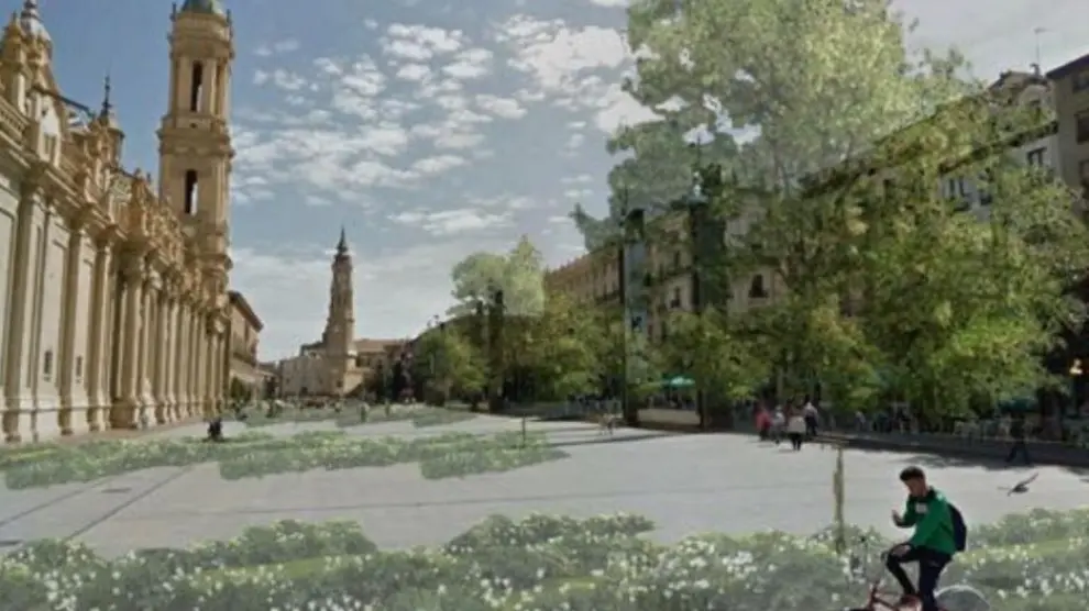 Recreación paisajística de la plaza del Pilar, con el arbolado propuesto en el plan de Infraestructura Verde de Zaragoza.