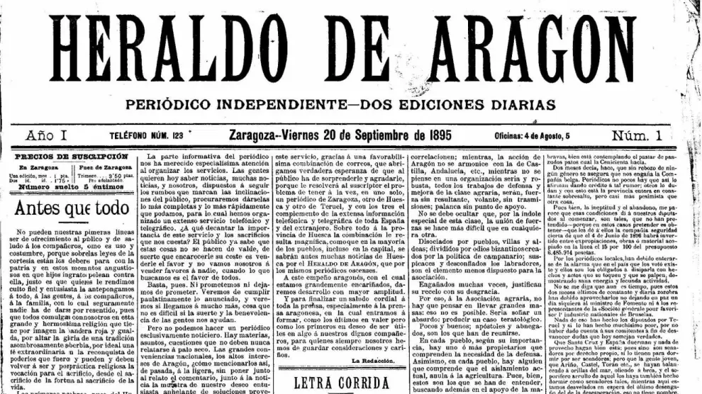 Portada del primer HERALDO, el 20 de septiembre de 1895