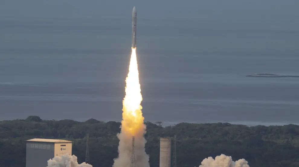 In this image provided by the European Space Agency, Europe’s new rocket Ariane 6 launches from Kourou, French Guiana, Tuesday, July 9, 2024. (Stephane Corvaja/European Space Agency via AP)