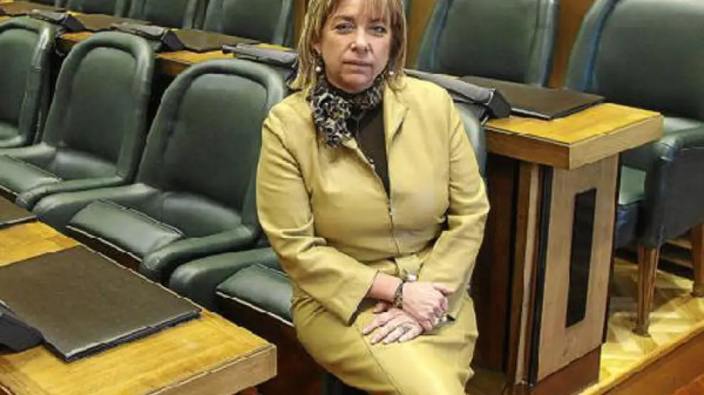 Dolores Serrat, frente a la bancada que ocupa el PP en el salón de plenos del Ayuntamiento de Zaragoza.
