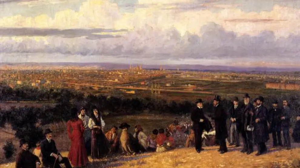 La 'Vista de Zaragoza' realizada por Juan José Gárate en 1908 da la bienvenida a la exposición.