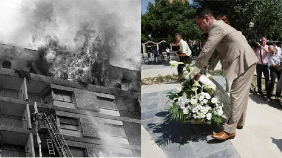 Combo de imágenes del incendio y de la ofrenda floral homenaje 30 años después