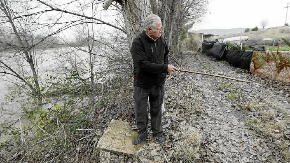 Enrique Rubio, vecino de Osera de Ebro, observa la distancia entre el río y su huerto.
