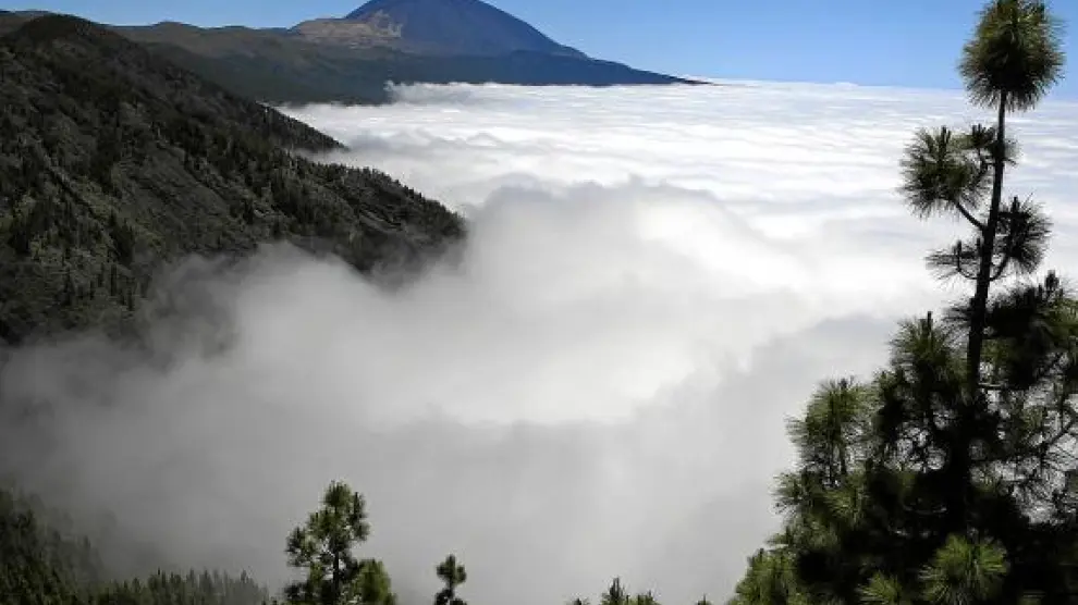 Un conjunto de nubes bajas rodea el volcán del Teide.