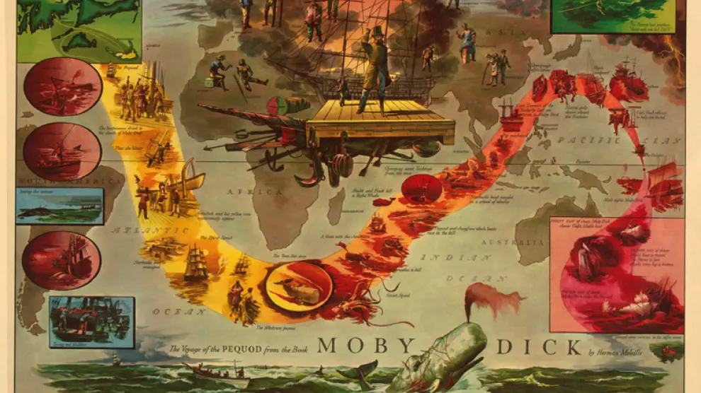 Mapa del viaje del Pequod, del libro ¿Moby Dick¿, una ilustración de Everett Henry.