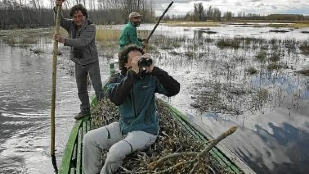 Ornitólogos de la laguna hacen un recorrido en barca.