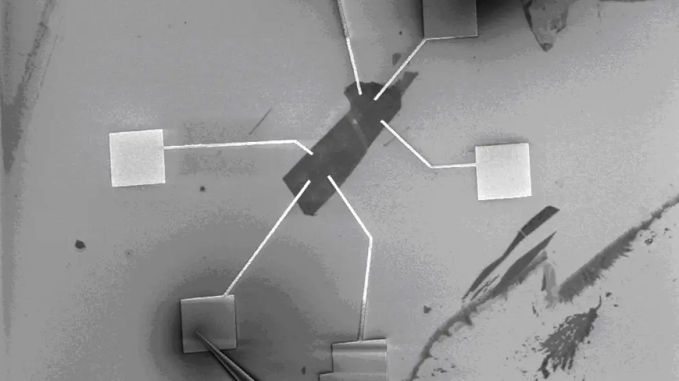 Copo de grafeno rodeado de diminutos contactos eléctricos realizados mediante litografía electrónica